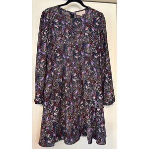 Philosophy Purple Pink Black Floral Long Sleeve Keyhole Zip/Hook Dress Women's L